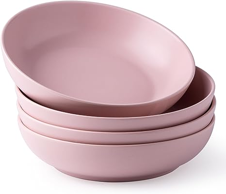 AmorArc 8.5 Inch Stoneware Pasta Bowls, 32oz Large Bowls Set of 4 for Kitchen, Wide Bowls for Pasta,Salad,Oatmeal, Microwave&Dishwasher Safe, Matte Pink