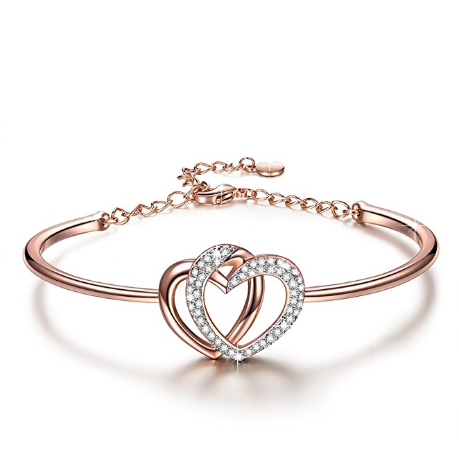 J.NINA "Guardian of Love" Made with Swarovski Crystals, 7 Inches Rose Gold Heart Women Bangle Bracelet