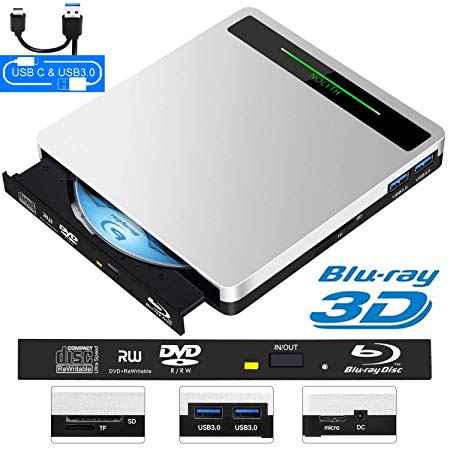 External Bluray Drive USB3.0 NOLYTH 5-in-1 Multifunctional External Blu ray Drive Player Burner for Laptop/MacBook/Windows10/PC Supports SD TF Card Reader/2 Ports USB3.0 Hub