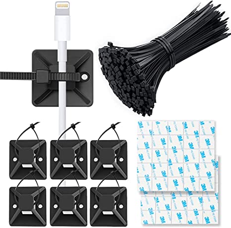 100pcs Cable Zip Ties Heavy Duty Sticky Cable Clips Self Adhesive Wire Cable Clips Premium Plastic Wire Ties with 50 Pounds Tensile Strength (Black)