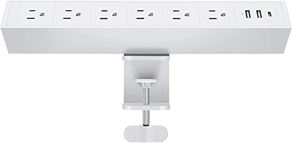 CCCEI Metal USB-C Desk Clamp Power Strip, 6 Outlet 500J Surge Protector Large Desktop Mount Holder Outlet with 2 USB-A and PD USB C Port, Fit 1.8 inch Tabletop Edge Thick. (6FT, White)