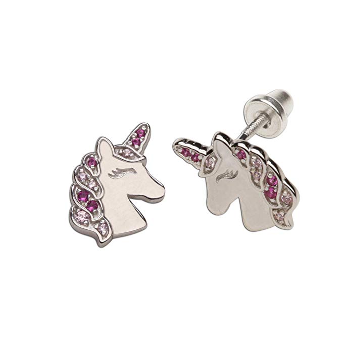 Children's Sterling Silver Unicorn Earrings with Screw Backs and Sparkling CZs for Girls