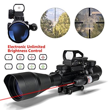 AR15 Tactical Rifle Scope 4-12x50EG Dual Illuminated Optics Sight & Red Laser & 4 Holographic Dot Sight (12 Month Warranty)