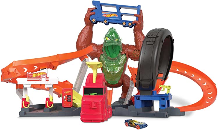 Hot Wheels Toxic Gorilla Slam Gas Station & Tire Repair Shop Playset with Adjustable Launcher, Lights & Sounds & 1 1:64 Scale Car, Connects to Other Track Sets, Gift for Kids 5 Years Old & Up