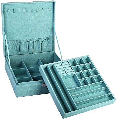 First to act tactical Two-Layer lint Jewelry Box Organizer Display Storage case with Lock (Blue, 10.2" x 10.2" x 3.2")