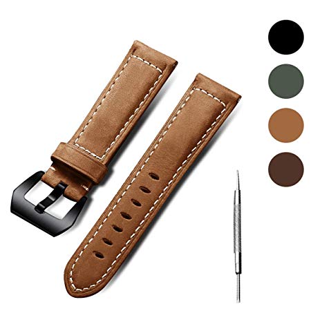 Genuine Leather Watch Bands - 22mm Soft Replacement Watch Strap - Four Colors Black/Light Brown/Dark Brown/Dark Green - Stainless Steel Buckle