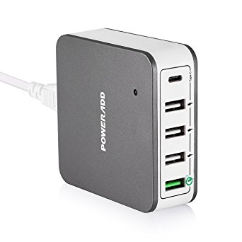 [Qualcomm Quick Charge 3.0] Poweradd 5-Port USB Charger Desktop Charging Station with 1 Quick Charge 3.0, 1 USB-C, 3 Smart USB Ports for iPhone, iPad, Samsung Galaxy Note, MacBook 12", Nexus and More