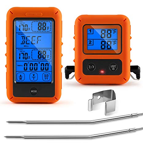 Veken Meat Thermometer for Grilling, Wireless BBQ 2 Probe Touch Screen Digital Instant Read Smoker Grill Thermometer with Large LCD, 328feet Cooking Thermometer for Oven & Roasting, Orange