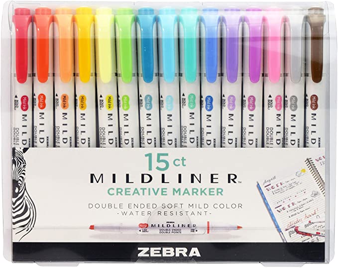 Zebra Pen Mildliner, Double Ended Highlighter, Broad and Fine Tips Assorted Colors 15 Assorted Colors