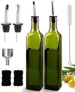 Olive Oil Dispenser Bottle, 2 Pcs Glass Olive Oil Dispenser and Vinegar Dispenser Set with 2 Stainless Steel Pourers, 4 Labels,1 Brush and 1 Funnel Oil Bottles for Kitchen (500ml)