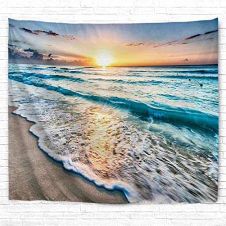 IcosaMro Beach Tapestry Wall Hanging, Ocean Sunset Sea Beach Wave Landscape Scenery Nature Wall Decorations Bohemian Home Decor for Bedroom, Dorm, College, Living Room, 60x82.7, Blue