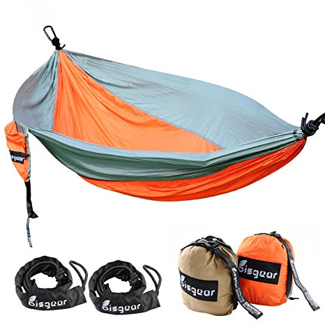 XL Double & Single Camping Hammock - Bisgear Portable Lightweight Parachute Travel Bed with Carabiners and Hammocks Tree Ropes for Hiking , Backpacking , Beach , Yard