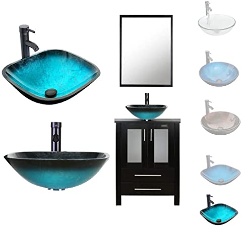 LUCKWIND Bathroom Vanity Vessel Sink Combo – 24 Cabinet Stand Mirror Artistic Glass Round Vessel Sink Faucet Drain ORB Single Storage (2 Door 2 Drawer Single - Espresso - Caribbean Blue Glass Vessel)