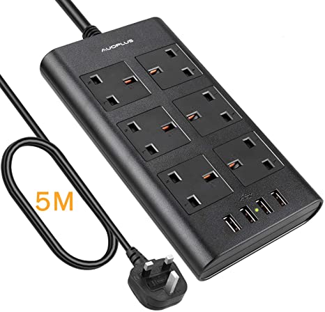 6 Way Extension Lead 5M, AUOPLUS Multi Plug Extension Lead with USB Solts, Overload Protection Power Strip, Black Extension Socket for TV PC Laptops iPhones Tablets