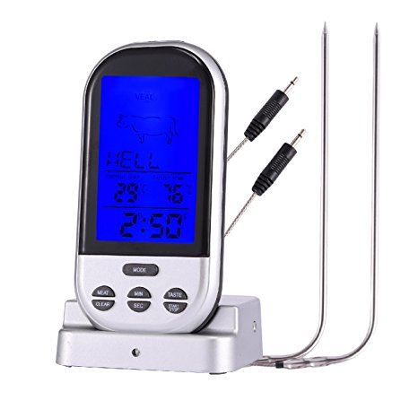EtekStorm Meat Thermometer Pro-Monitor Meat Temperatures Cooking in Oven, BBQ, Barbecue, Smoker, Grilling & Broiling with Wireless Remote - Stainless Steel Probes - Free Spare Probe & Batteries