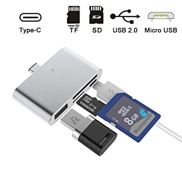ElementDigital Type C Card Reader USB C OTG USB 2.0 Hub/TF/SD Card Reader, 4-IN-1 USB 3.1 with Micro USB Charging Port for MacBook, Chromebook, Pixel C Tablet, Samsung Note 7 (Silver)