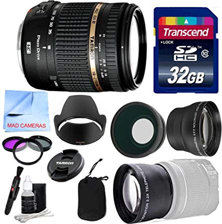 Tamron Lens Kit For Canon DSLR Cameras With Tamron 18-270 mm F/3.5-6.3 Di-II PZD VC AF Zoom Lens For (62mm Thread)   Wide & Telephoto Auxiliary Lenses   3 Piece Filter Kit   32 GB Transcend SD Card