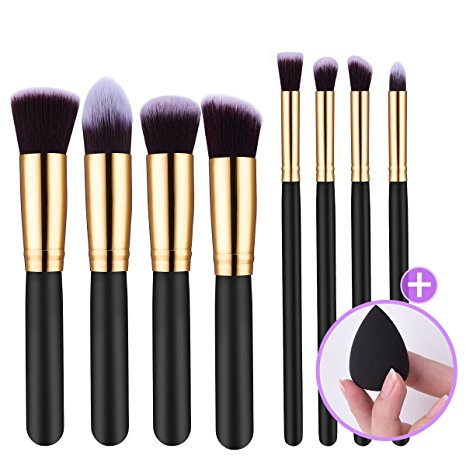 8 1 Pieces Premium Synthetic Makeup Brushes Set, Professional ElleSye Ubeauty Brush Set Powder Foundation Brush Makeup brush kit with Blender Sponge Egg (Gold)