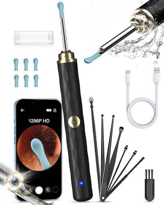 Ear Wax Removal Camera, Kekoy Ear Cleaner 1296P HD Camera, Ear Cleaning Kit with 8pcs Ear Set, Wireless WiFi Otoscope with 6 Lights, Rechargeable Earwax Removal Tool Kit for Adult & Kid(Black)