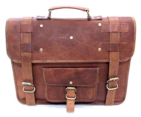 Firu-Handmade Rustic 16" Vintage Brown Leather Multi Pocket Bag Laptop Briefcase Messenger Bags Retro School Shoulder Bag Handmade Satchel