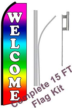 NEOPlex - "Welcome (Extra Wide)" Complete Flag Kit - Includes 12' Swooper Feather Business Flag With 15-foot Anodized Aluminum Flagpole AND Ground Spike