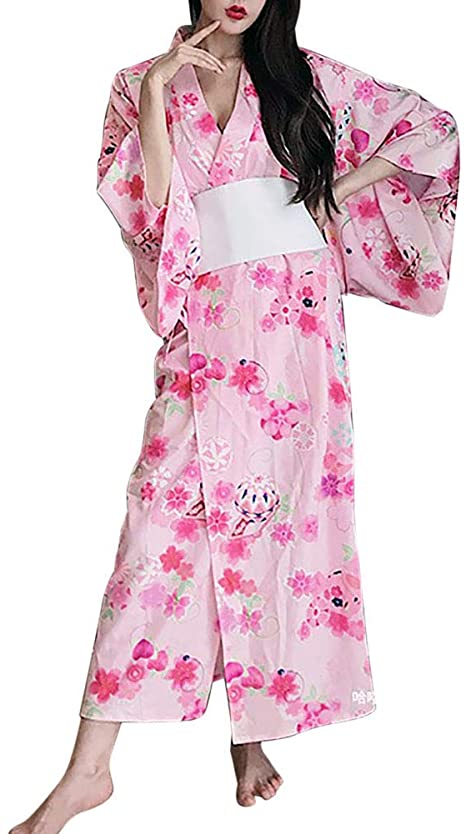 Women's Kimono Costume Adult Japanese Geisha Yukata Sweet Floral Patten Gown Blossom Satin Bathrobe Sleepwear with OBI Belt