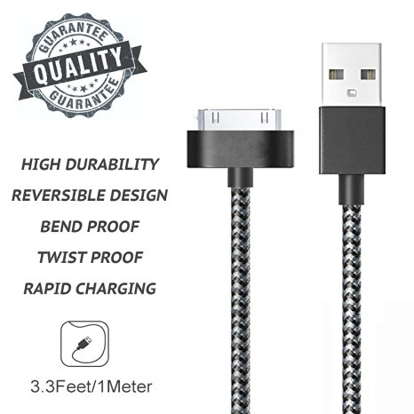 Go Beyond (TM) 3 Feet 30 Pin Nylon Braided Premium USB Charging Data Sync Cable for Apple iPod, iPhone, and iPad (3FT Black Nylon Cable)