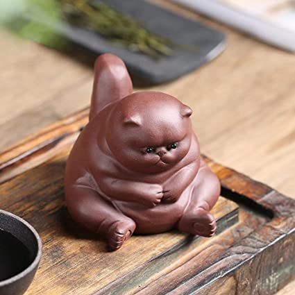 SCE Purple Clay Tea Pet Samll Angry Cat Figurines, Cute Kung Fu Tea Crafts for Tea Room/Home/Car Decoration, Ideal Ornaments Gift for Tea Lovers