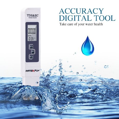 Digital TDS Water Test Meter. Patekfly® Professional TDS, EC and Temperature Meter. Three-in-One. Lifetime Guarantee on this Accurate and Reliable Water Test Meter