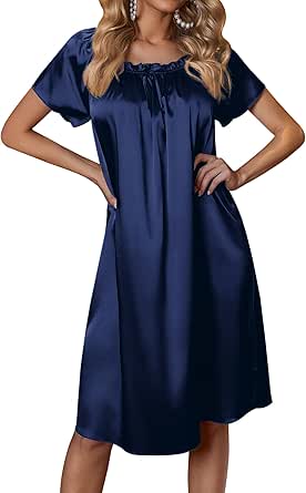 Ekouaer Women's Satin Silk Pleated Nightgown Loose Sleepwear Printed Nightshirt Short Sleeve Sleep Dress