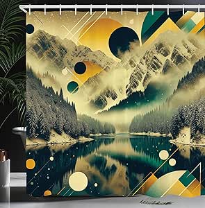 Ambesonne Lake Shower Curtain, Geometric Rounds and Triangles Ornate Misty Water Scene with Dark Woods, Cloth Fabric Bathroom Decor Set with Hooks, 69" W x 70" L, Emerald Pale Green Amber