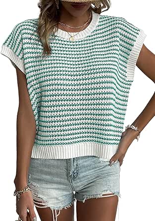 EVALESS Sweater Vest for Women Striped Color Pullover Tank Top Round Neck Cap Sleeve Lightweight 2024 Summer Casual Clothes