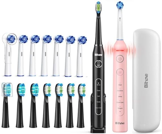 Bitvae Ultrasonic & Rotating Electric Toothbrushes Bundle for Adults and Kids - ADA Accepted Sonic Rechargeable Toothbrushes with 8 Brush Heads, Black & Pink