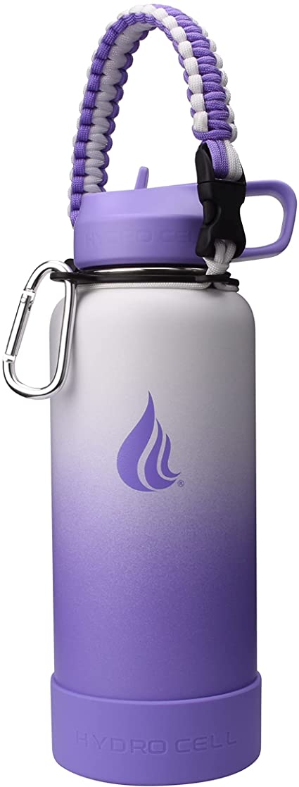 HYDRO CELL Stainless Steel Water Bottle w/ Straw & Wide Mouth Lids (Lavender/White 32oz with Lavender Protective Silicone Bottom Boot, Lavender/White Paracord Handle and Lavender Sports Cap w/Straw)