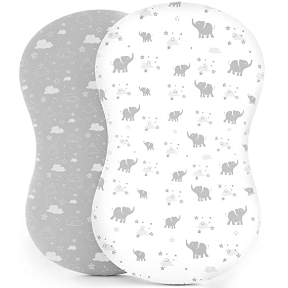 Bassinet Sheets - Fitted, Premium Jersey Cotton - Baby Bedside Sleeper Cover - Universal Sheet Set for Rectangle, Oval, or Hourglass Bassinet Mattress White 2 Pack Unisex - Elephants, Stars, Clouds