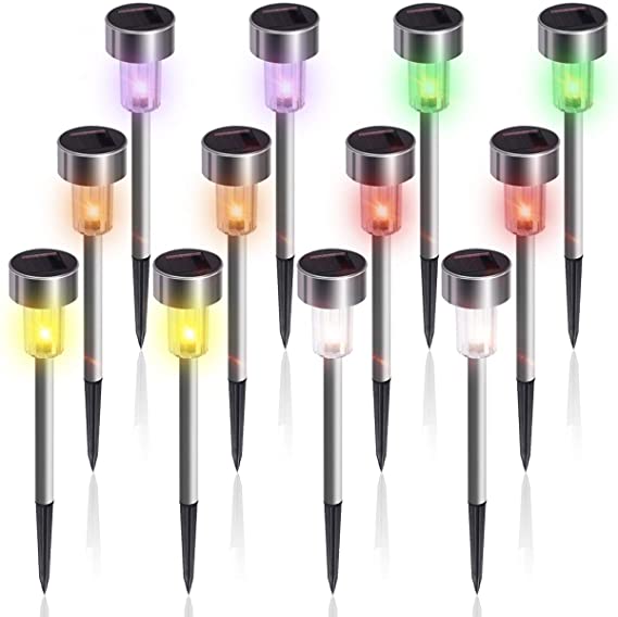 GIGALUMI 12Pack 6Color Solar Garden Lights/Path Lights, Stainless Steel Led Pathway Landscape Lighting for Patio, Yard, Garden