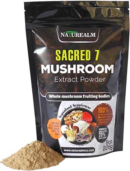 Sacred 7 Organic Mushroom Extract Powder - Reishi, Maitake, Cordyceps, Shiitake, Lion's Mane, Turkey Tail, Chaga - 226g - Supplement - Add to Coffee/Shakes/Smoothies (Original)