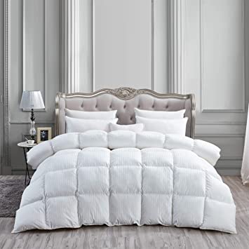 Luxurious Heavy Full / Queen Size Siberian Goose Down Comforter All-Season Duvet Insert, Premium Baffle Box, 1200 Thread Count 100% Egyptian Cotton, Hypoallergenic, 50 oz, White Damask Stripe