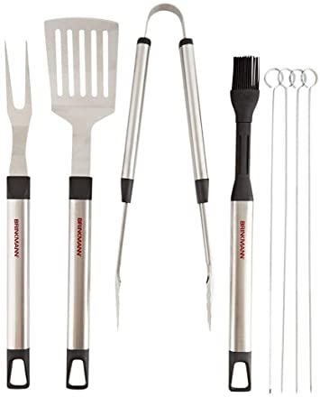 Brinkmann Grill Tool Accessories Set BBQ Grilling Tools Gift Set 8 Pc Stainless Steel Brush, Spatula, Fork, Spatula & Tongs