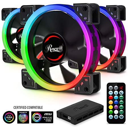 Rosewill 120mm RGB LED Case Fans (3-Pack) and 8-Port Fan Hub, Ultra Quiet Cooling with Long Life Rifle Bearings, Dual Ring True RGB Color RGBF-S12001 RGB Case Fan Hub Set