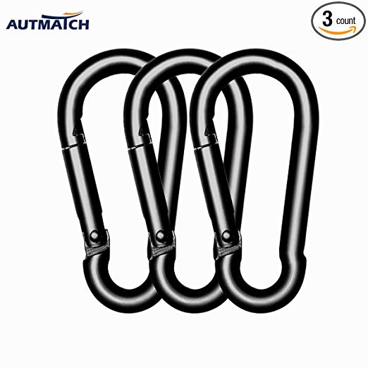AUTMATCH 3" Stainless Steel Spring Snap Hook Carabiner Link Buckle Pack Grade Heavy Duty Quick Link for Camping Fishing Hiking Traveling Pack of 3 and Silver or Black