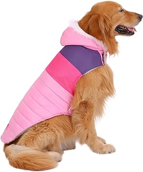 HDE Dog Puffer Jacket Fleece Lined Warm Dog Parka Winter Coat with Harness Hole Pink Stripe - L