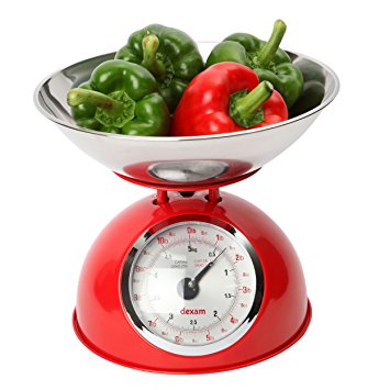 Dexam 5 Kg Stainless Steel Retro Kitchen Scales with a Large Bowl, Red