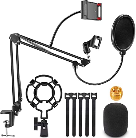 Microphone Arm Stand, Renfox Adjustable Suspension Boom Scissor Mic Stand with Pop Filter, 3/8" to 5/8" Adapter, Mic Clip, Upgraded Heavy Duty Clamp for Blue Yeti Nano Snowball Ice and Other Mics