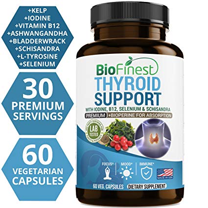 Biofinest Thyroid Support Complex with Iodine - Supplement with B12, Selenium, Schisandra, Bioperine - All Natural - for Weight Loss, Energy, Metabolism & Focus (60 Vegetarian Capsules)