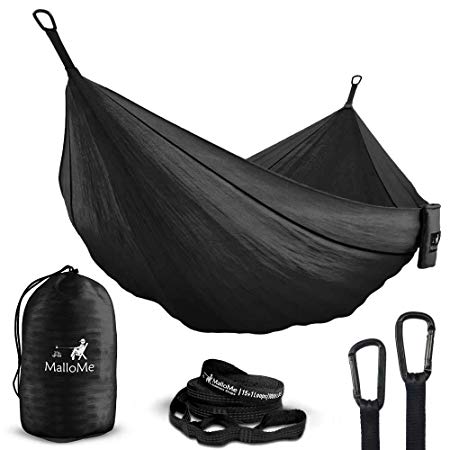 MalloMe Double & Single Portable Camping Hammock - Parachute Lightweight Nylon with Hammok Tree Straps Set- 2 Person Equipment Kids Accessories Max 1000 lbs Breaking Capacity - Free 2 Carabiners