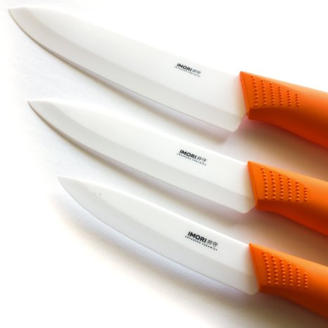#1 New Release - Chef Rated Ceramic Knife Set By IMORI - 3 Stylish Best Quality Razor Sharp Japanese Style Blades w/Ergonomic Handles - SafeEdge Back Corners   Safety Sheaths - Won't Stain - Buy Now!