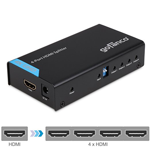 gofanco 4K HDMI Splitter 4 Port HDMI to HDMI Signal Distributor with 4 EDID MODES, Supports up to Ultra HD 4K @30Hz,3D, Compliant with HDMI and HDCP standards, 1 in 4 out