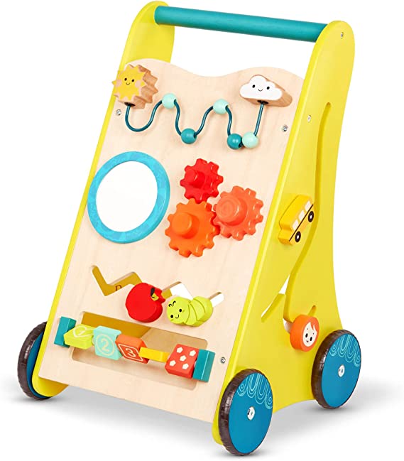 B. toys Lauflernwagen Holz – Lauflernhilfe mit Motorikschleife, Uhr, Zahlen lernen – Walker, Laufhilfe, Laufwagen, Holzspielzeug Baby Spielzeug ab 1 Jahr