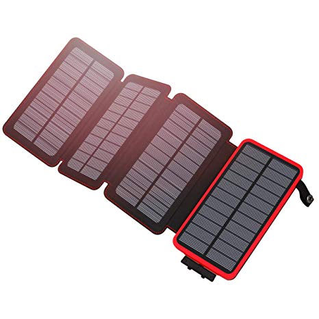 Hiluckey Solar Charger 25000mAh Portable Power Bank External Battery Pack with 4 Solar Panels and 2 USB Outputs for Smartphones and Tablets
